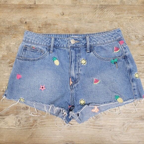 Forever 21 Premium Embroidered Fruit Denim Shorts Blue Women Mid Rise Raw Hem 26 - Picture 2 of 11